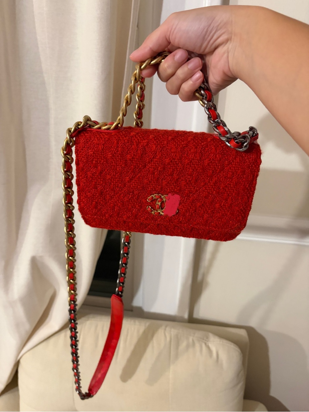 Red Chain-Shoulder Tweed Bag